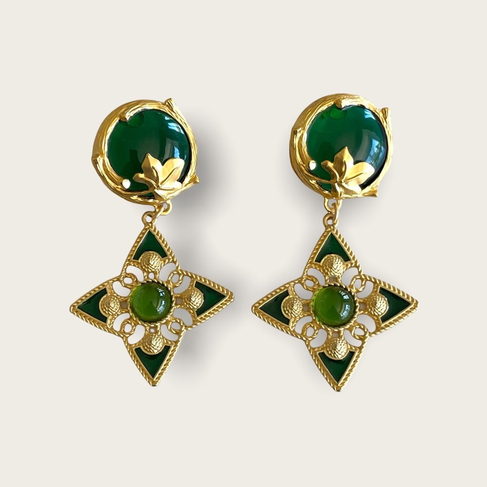 Macaron green lucite cross huge pierced earrings .